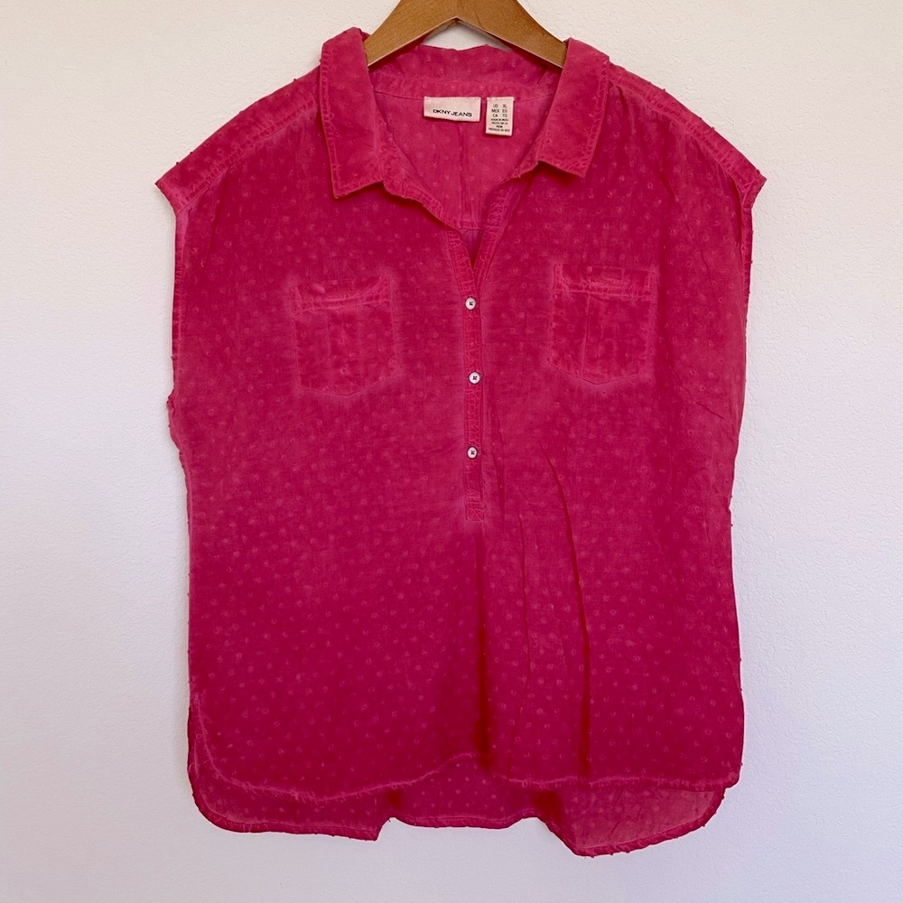 DKNY cotton top shirt red pink raspberry washed out pockets